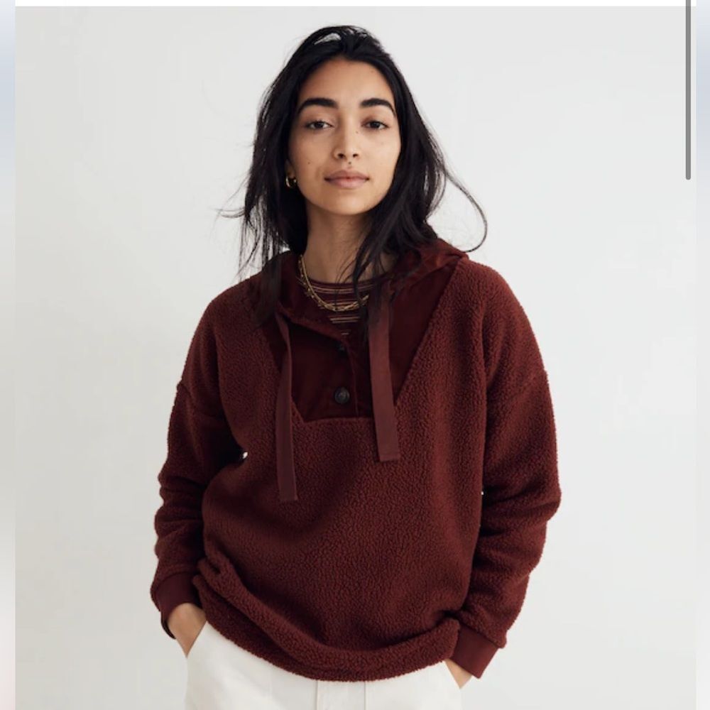 Madewell (Re)sourced Fleece Button-front Hoodie Sweatshirt Dark Merlot Small